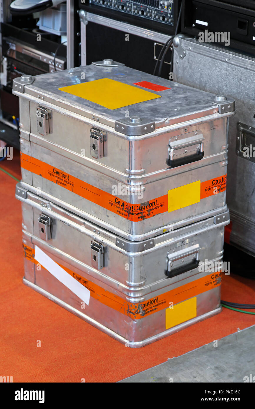 Metal boxes for transportation fragile electronic equipment Stock Photo