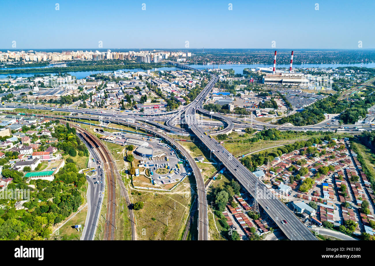 Aerial view of a road and railway interchange in Kiev, Ukraine Stock Photo