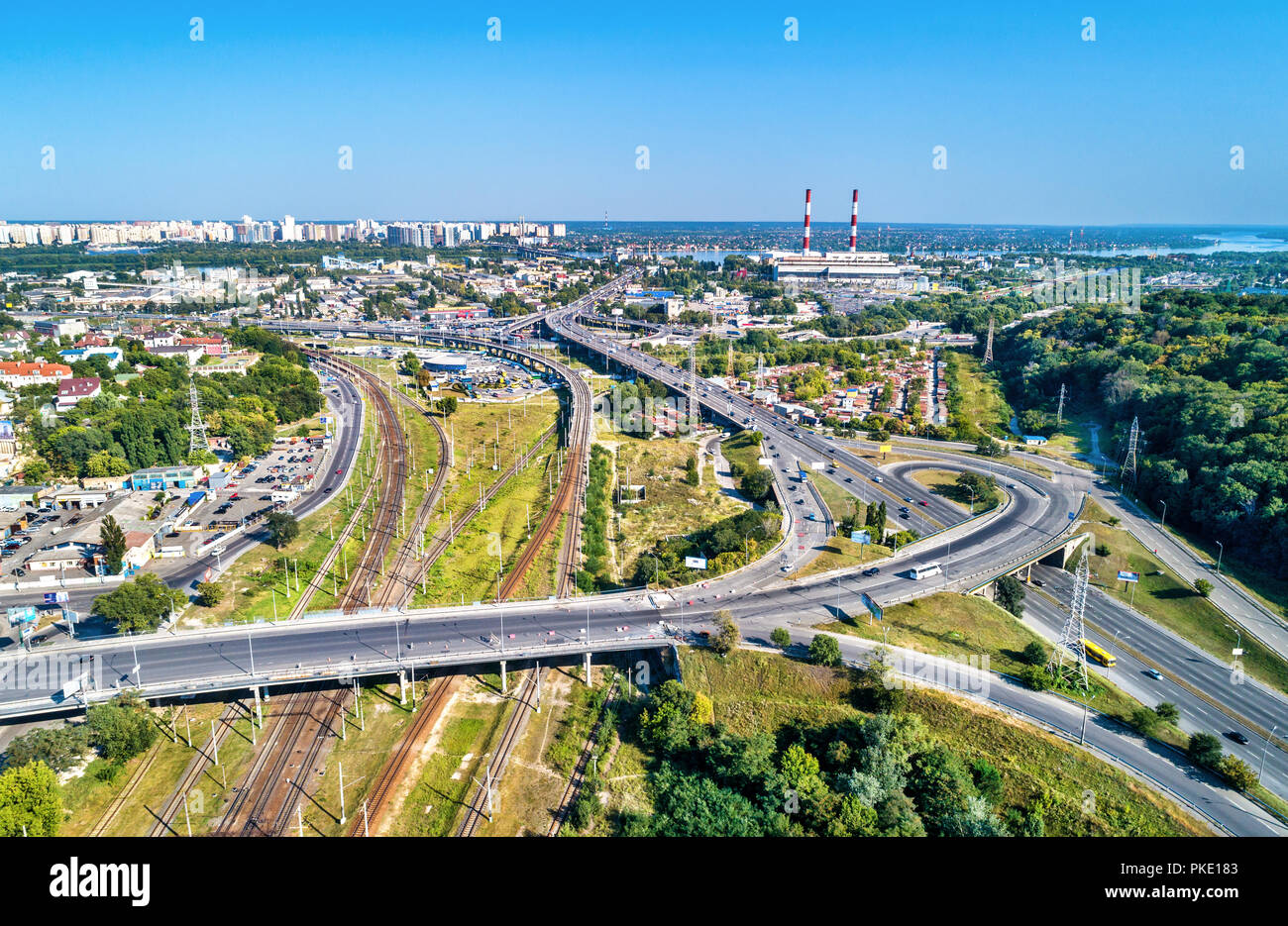 Aerial view of a road and railway interchange in Kiev, Ukraine Stock Photo