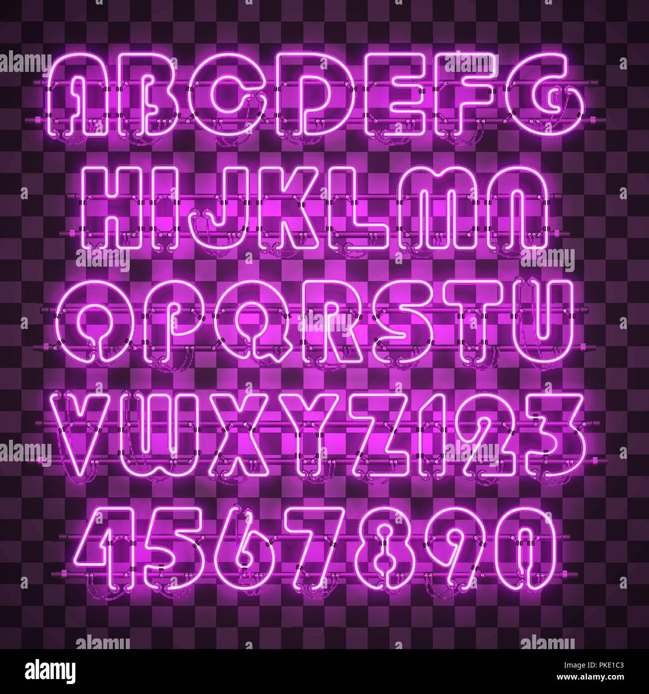 Shining and glowing red neon alphabet and digits. Stock Vector