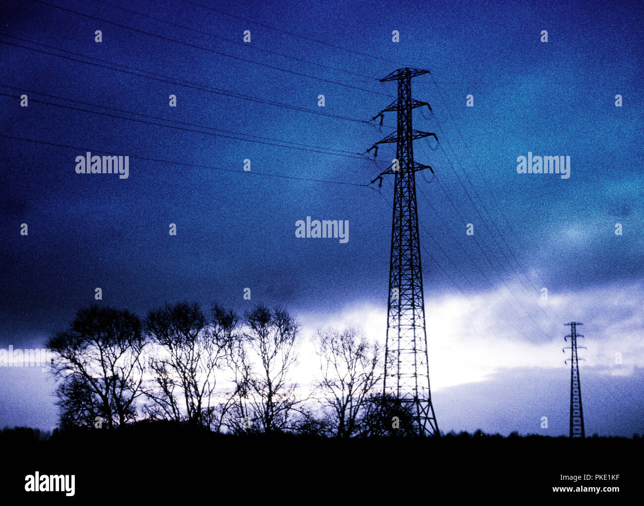 Panoramic view over the fields around Schelle and the electricity pilons (Belgium, 1982) Stock Photo