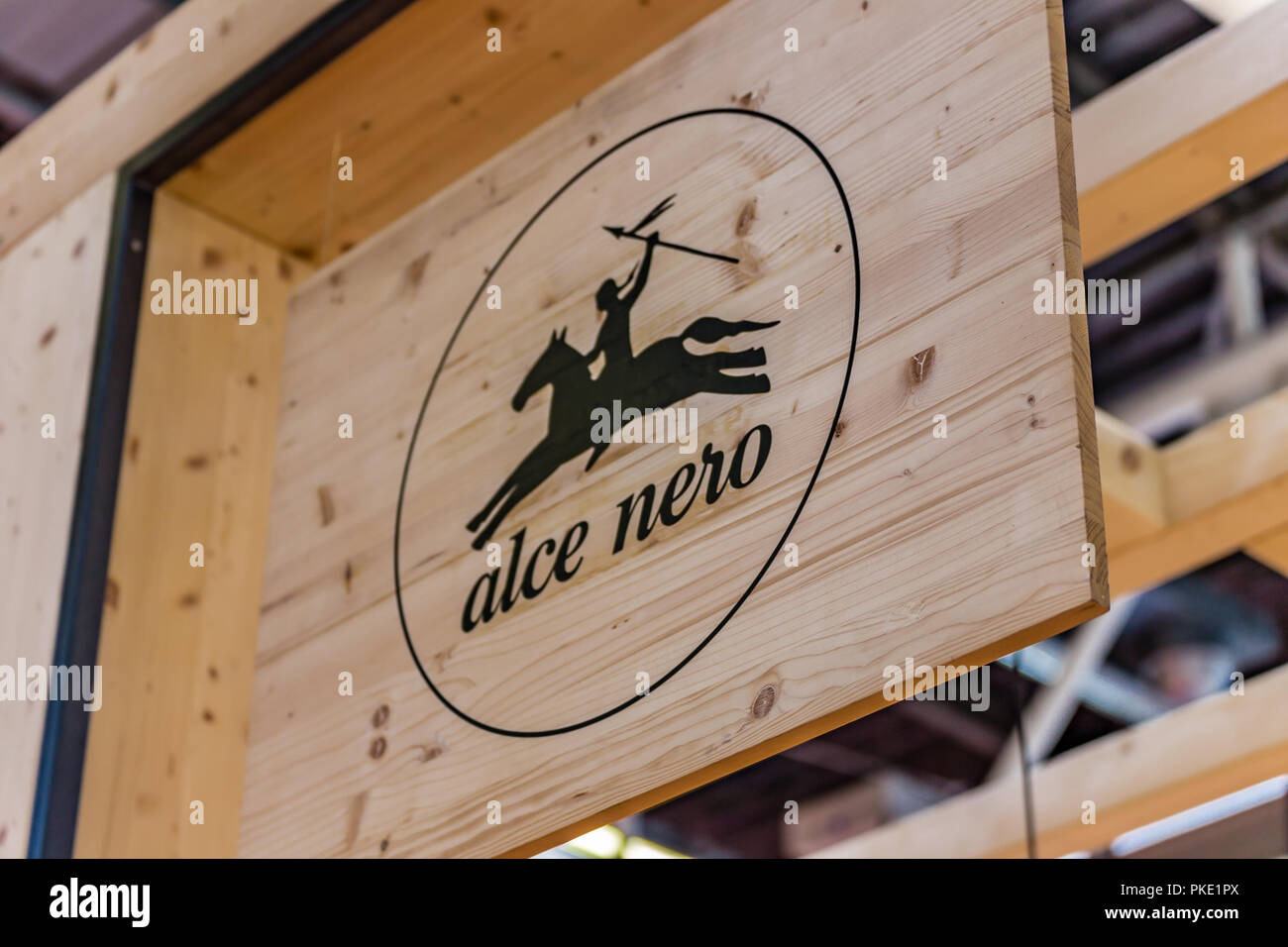 BOLOGNA (ITALY), SEPTEMBER 10, 2018: light enlightening board with logo of ALCE NERO at SANA, international exhibition of organic and natural products Stock Photo