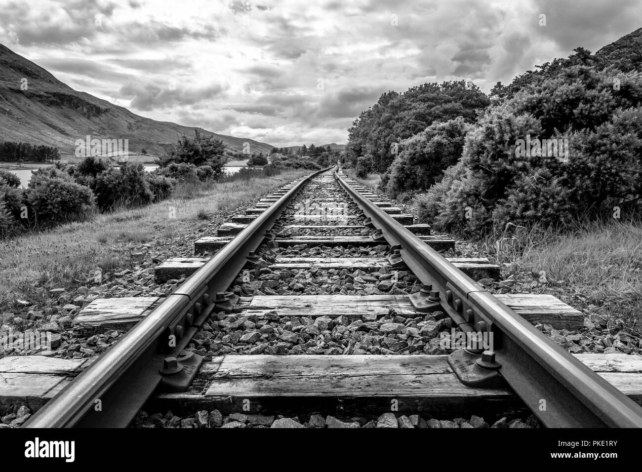 This is old railway tracks in rural Ireland.  They are close to the village of Finton in Donegal. Stock Photo