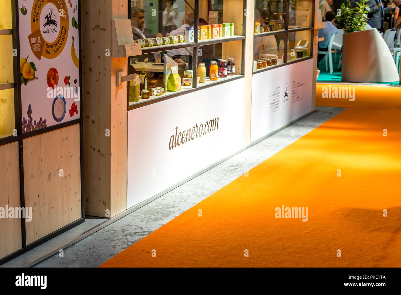 BOLOGNA (ITALY), SEPTEMBER 10, 2018: light enlightening board with logo of ALCE NERO at SANA, international exhibition of organic and natural products Stock Photo