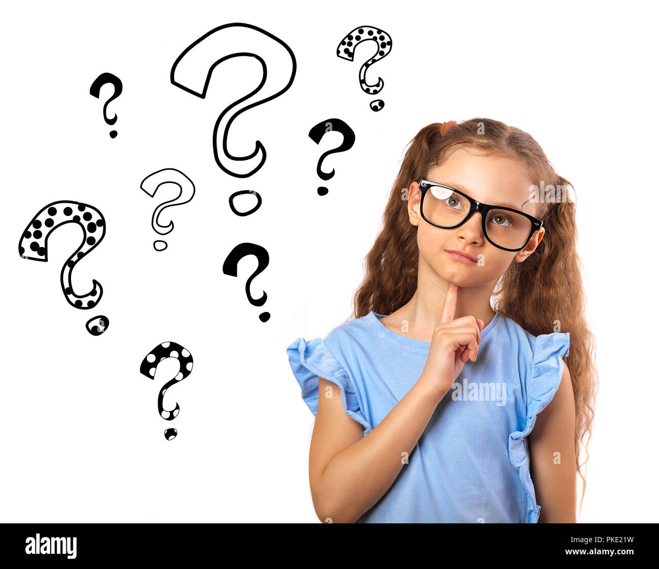 Fun happy girl in eyeglasses thinking and looking up on many questions mark illustration above