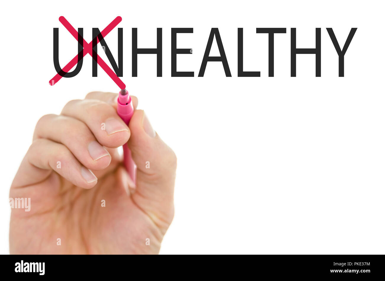 Changing word Unhealthy into Healthy by crossing off letters UN Stock