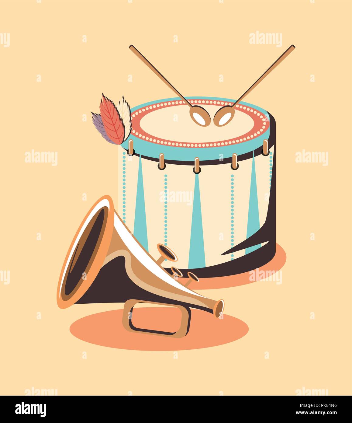 drum and trumpet instruments over yellow background, vector