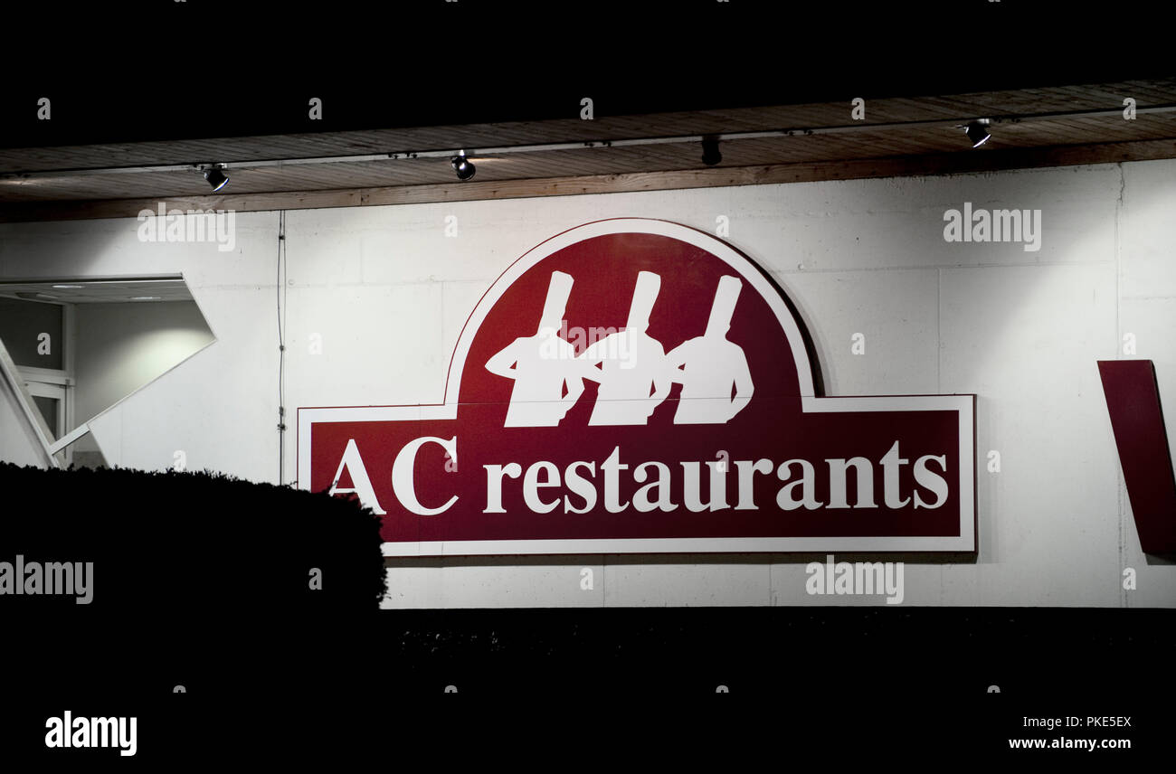 The AC Restaurant in Wanlin at night (Belgium, 17/04/2010) Stock Photo