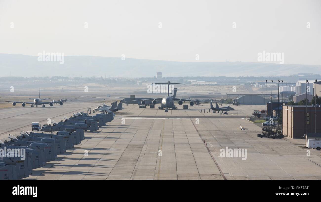 A KC-135R from the 155th Air Refueling Wing of the Nebraska Air National Guard taxis prior to taking off at Gowen Field July 27, 2018. The aerial refueler was supporting the 122nd Fighter Squadron of the 159th Fighter Wing, Louisiana Air National Guard, who was participating in dissimilar air combat training with A-10Cs from the 124th Fighter Wing’s 190th Fighter Squadron. Stock Photo