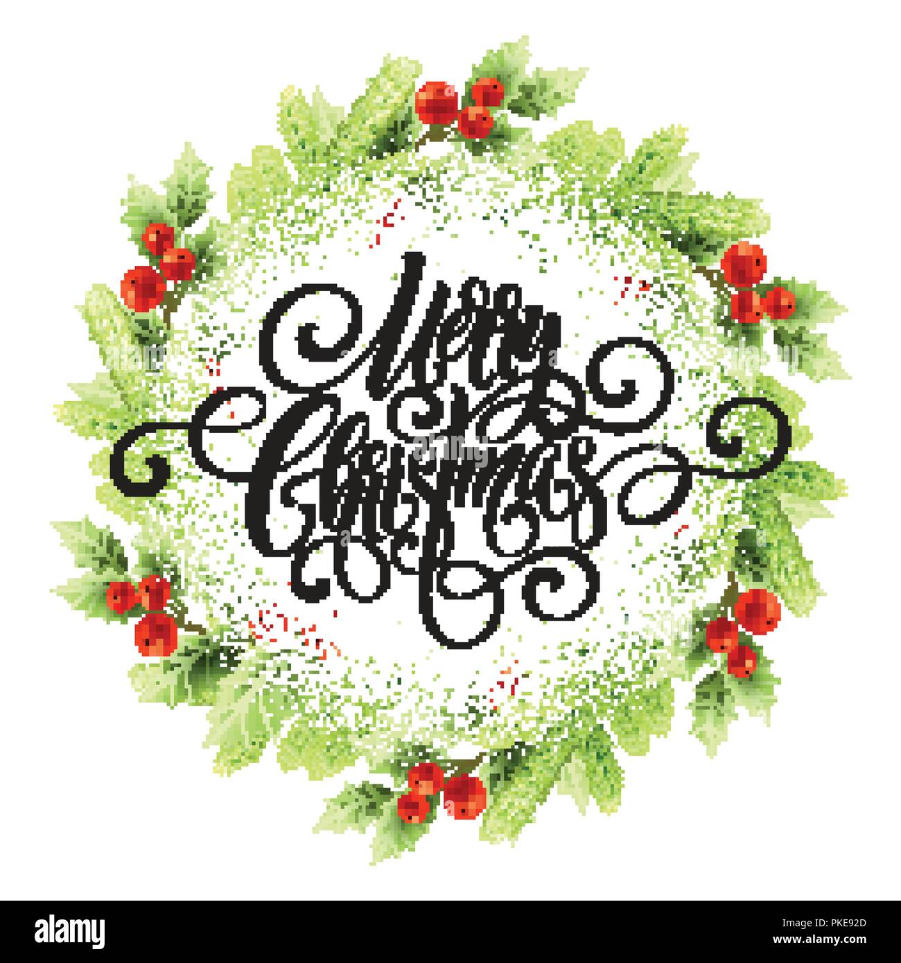 Merry Christmas lettering in mistletoe wreath Stock Vector