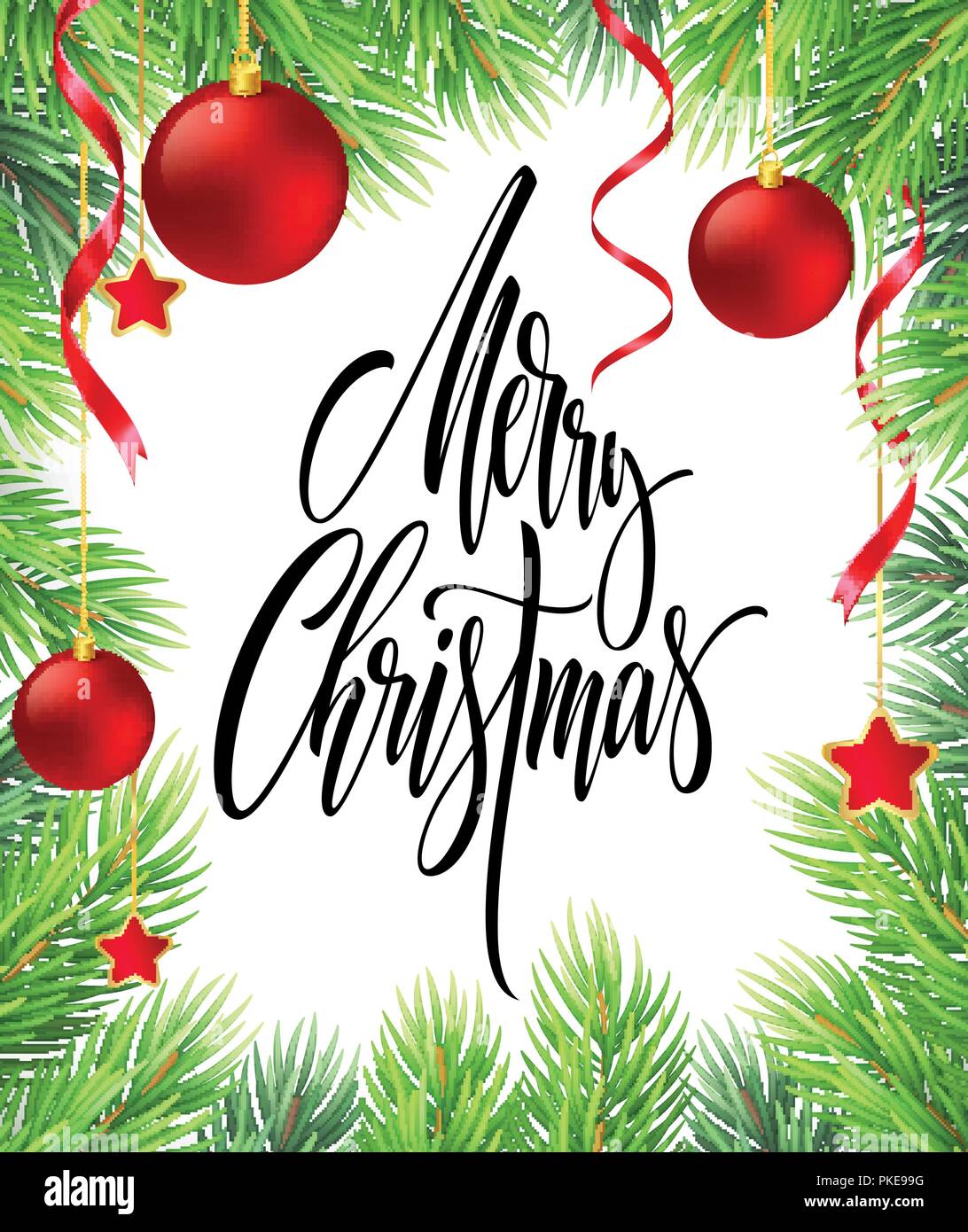 Merry Christmas hand drawn lettering in fir-tree branches frame Stock ...