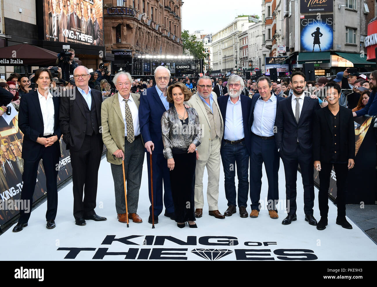 Left to right, James Marsh, Jim Broadbent, Sir Michael Gambon, Sir Michael Caine, Francesca Annis, Ray Winstone, Sir Tom Courtenay, Paul Whitehouse, Charlie Cox and Jamie Cullum arriving for the King of Thieves World Premiere held at Vue West End, Leicester Square, London. Stock Photo