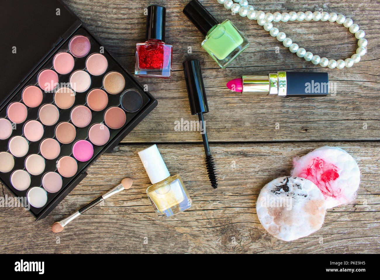 Cotton swabs to clean face with remnants of makeup. Top view Stock