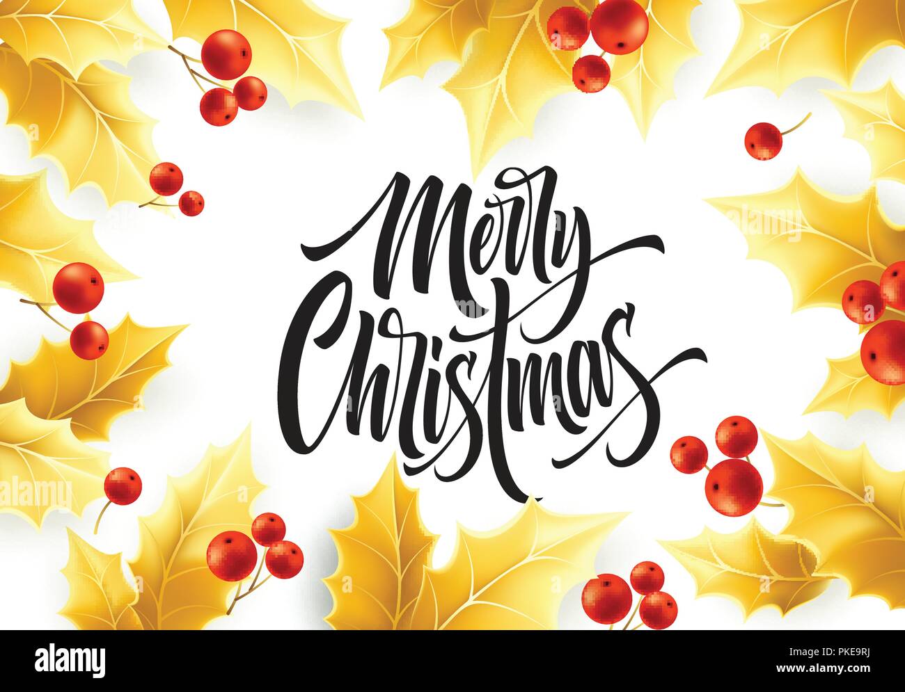 Merry Christmas hand drawn lettering in realistic mistletoe frame Stock Vector