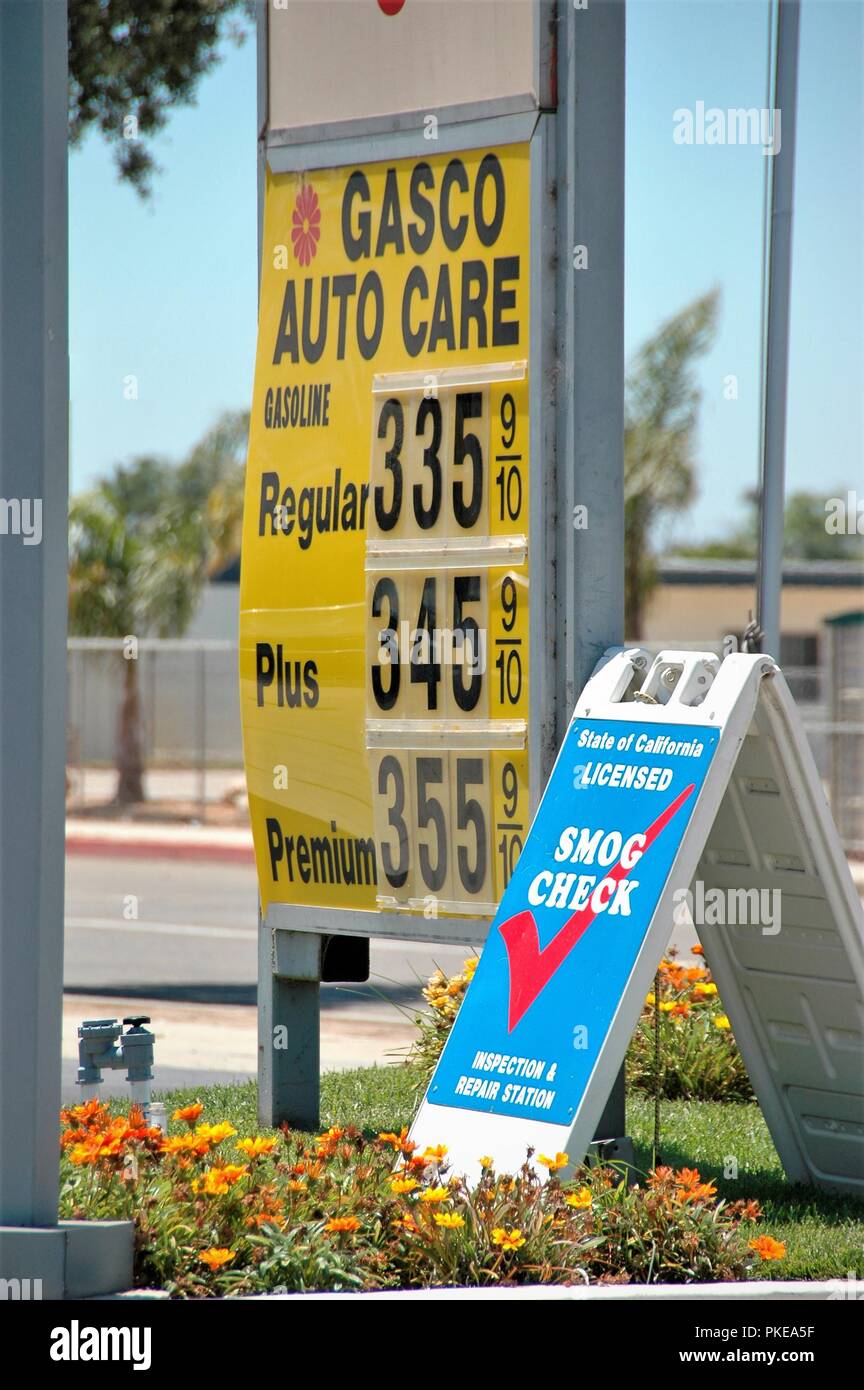 Gas prices in California at filling gas station are about the highest in the USA  and change by the season due to eco fuels Stock Photo