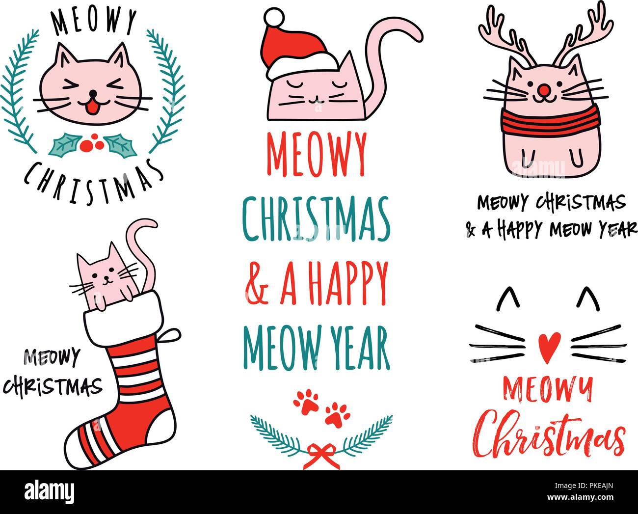 Meowy Christmas with cute cats, hand drawn doodle, set of vector design elements Stock Vector