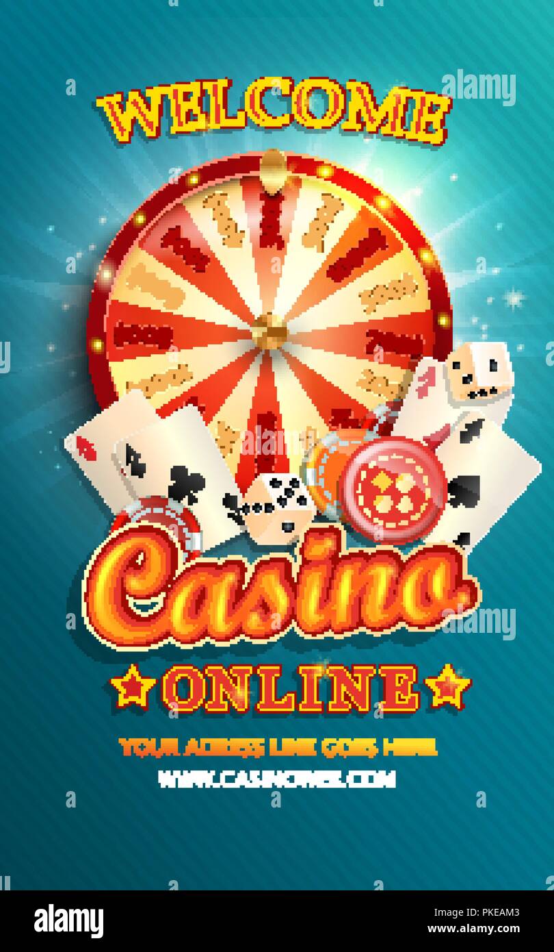 Welcome flyer for casino online with poker cards, playing dice, chips, fortune wheel and other gambling design elements. Invitation poster template on shiny background. Vector illustration. Stock Vector