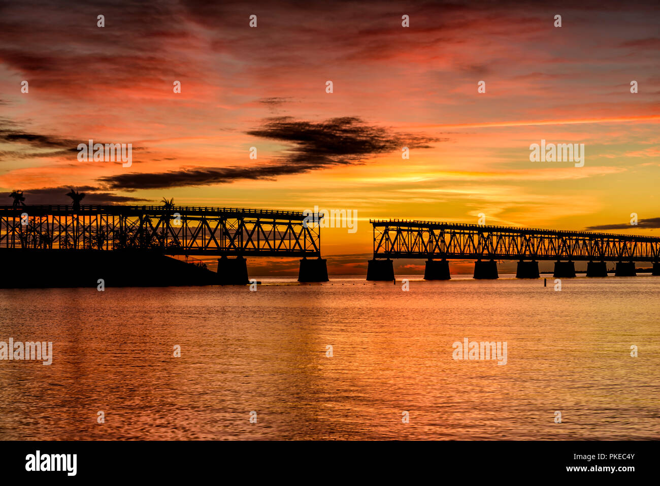 Old Bahia Honda Rail Bridge at Sunset Stock Photo