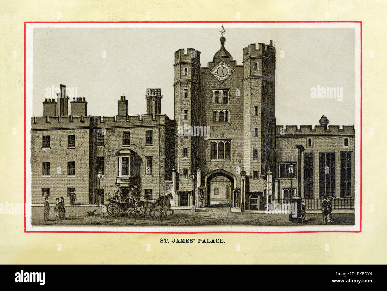 St James Palace, 1880 high quality steel engraving of the Tudor royal palace built by King Henry VIII on the site of a former leper colony at the junction of St James’s Street and Pall Mall Stock Photo
