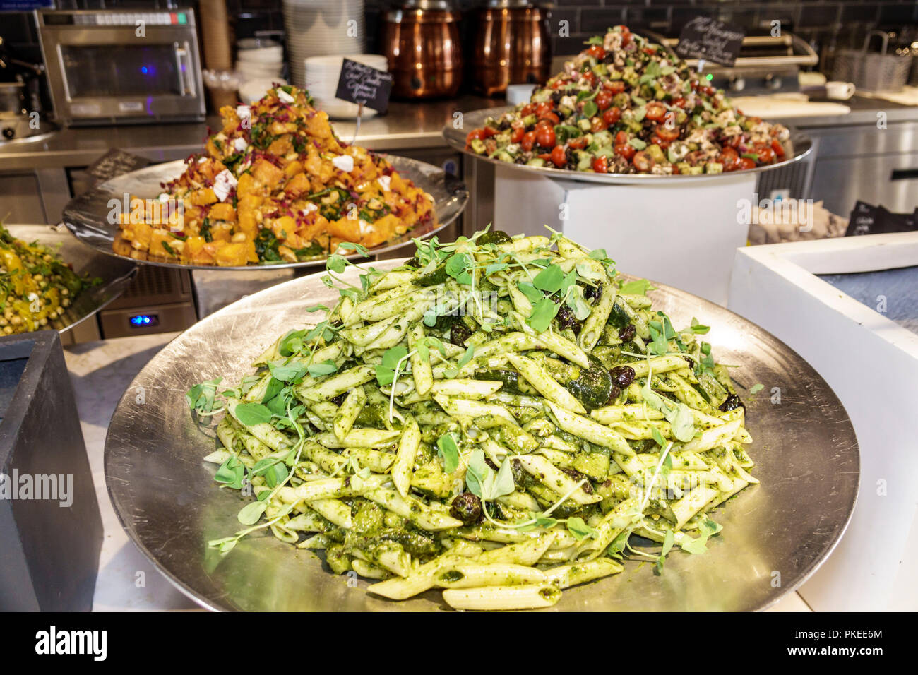 London England,UK,South Bank,Waterloo,Balance,cafe,bakery,restaurant restaurants food dining cafe cafes,inside interior,salads,display trays platters, Stock Photo