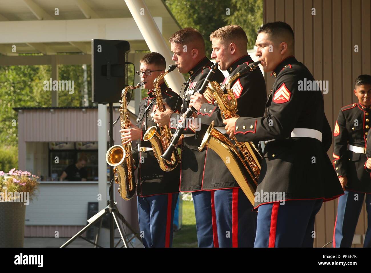 U.S. Marines with the Marine Corps Base Quantico band perform during a concert at Kesaheina, Mantyharju, Finland, July 29, 2018. The band continues to perform at different locations around Finland as they prepare for the 2018 Hamina Tattoo. Stock Photo