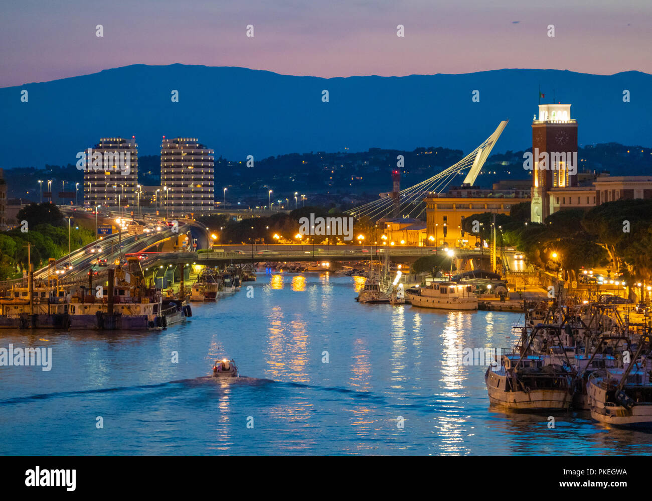 Pescara Italy The View In The Dusk From Ponte Del Mare Monumental Bridge In The Canal And Port Of Pescara City Abruzzo Region Stock Photo Alamy
