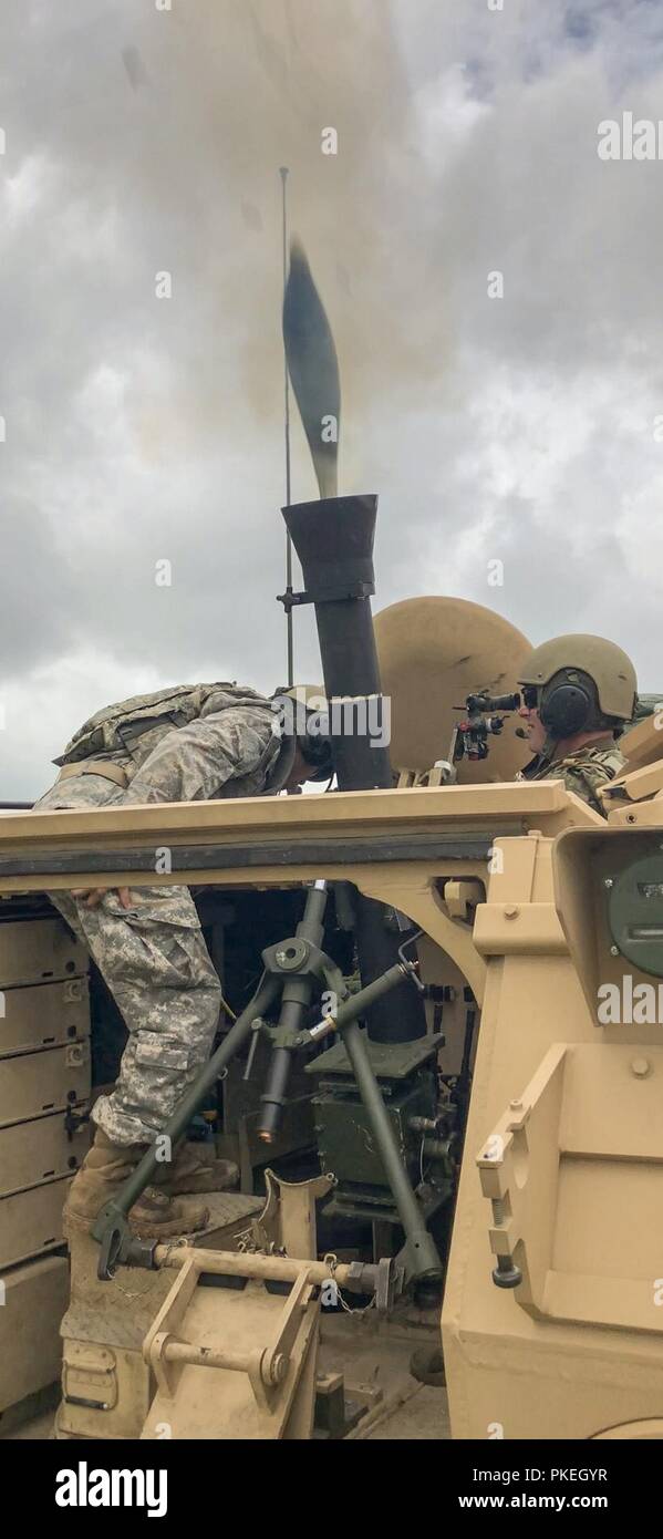 Mortar men assigned to Headquarters and Headquarters Company, 3rd Battalion, 67th Armor Regiment, 2nd Armored Brigade Combat Team, fire rounds at targets during a live fire exercise July 31-August 1 at Fort Stewart, Ga. Stock Photo