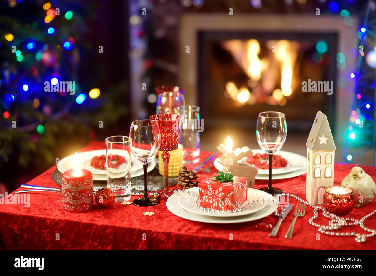 Beautiful table setting for Christmas party or New Year celebration at