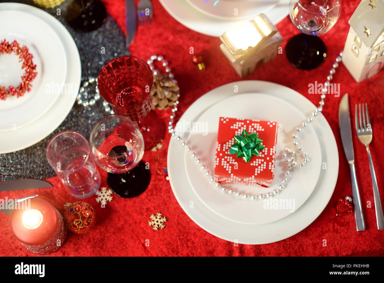 Beautiful table setting for Christmas party or New Year celebration at