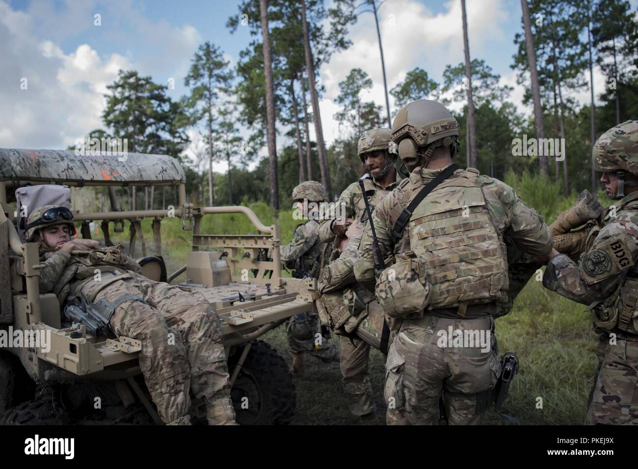 Airmen from the 822d Base Defense Squadron (BDS) place a simulated injured Airman on the back of a military RZR all-terrain vehicle during a full mission profile assessment, July 24, 2018, at Moody Air Force Base, Ga. The ‘Safeside’ defenders evaluated their base defense tactics and procedures while performing patrols, tactical combat casualty care and countering improvised explosive for a mission readiness exercise. After successfully completing these events, the defenders are eligible to earn their Global Response Force status, which certifies the unit to deploy worldwide. Stock Photo