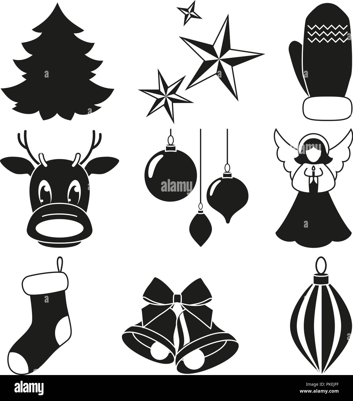 Black and white 9 xmas elements set. Stock Vector