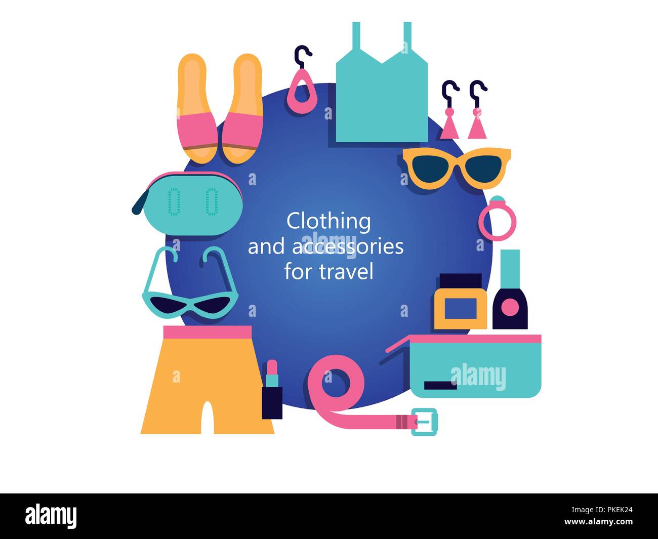Clothing and accessories for travel. Summer set of clothes Stock Vector