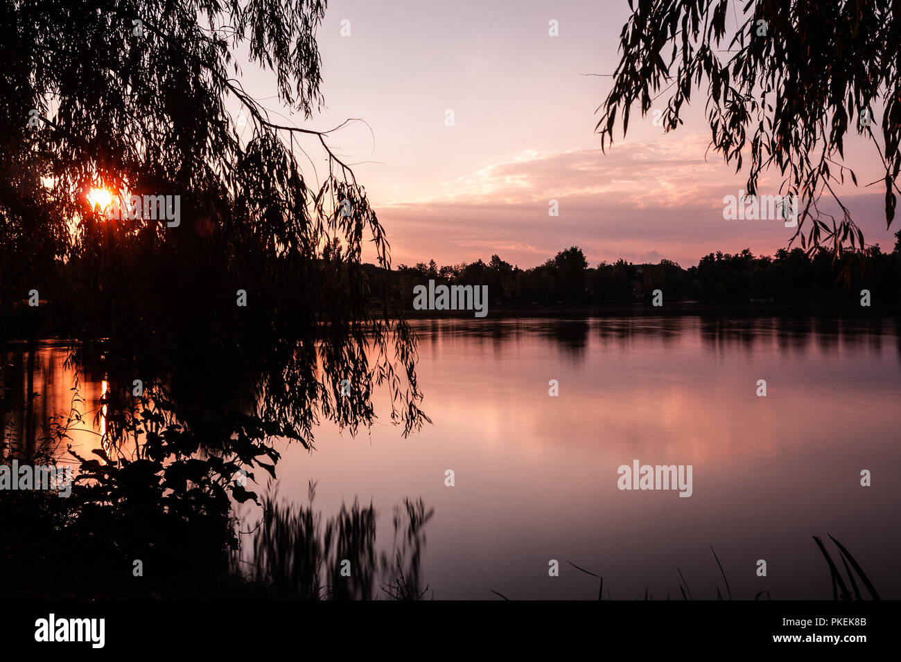 A beautiful sunset at a lake with orange color sky and silhouette trees ...