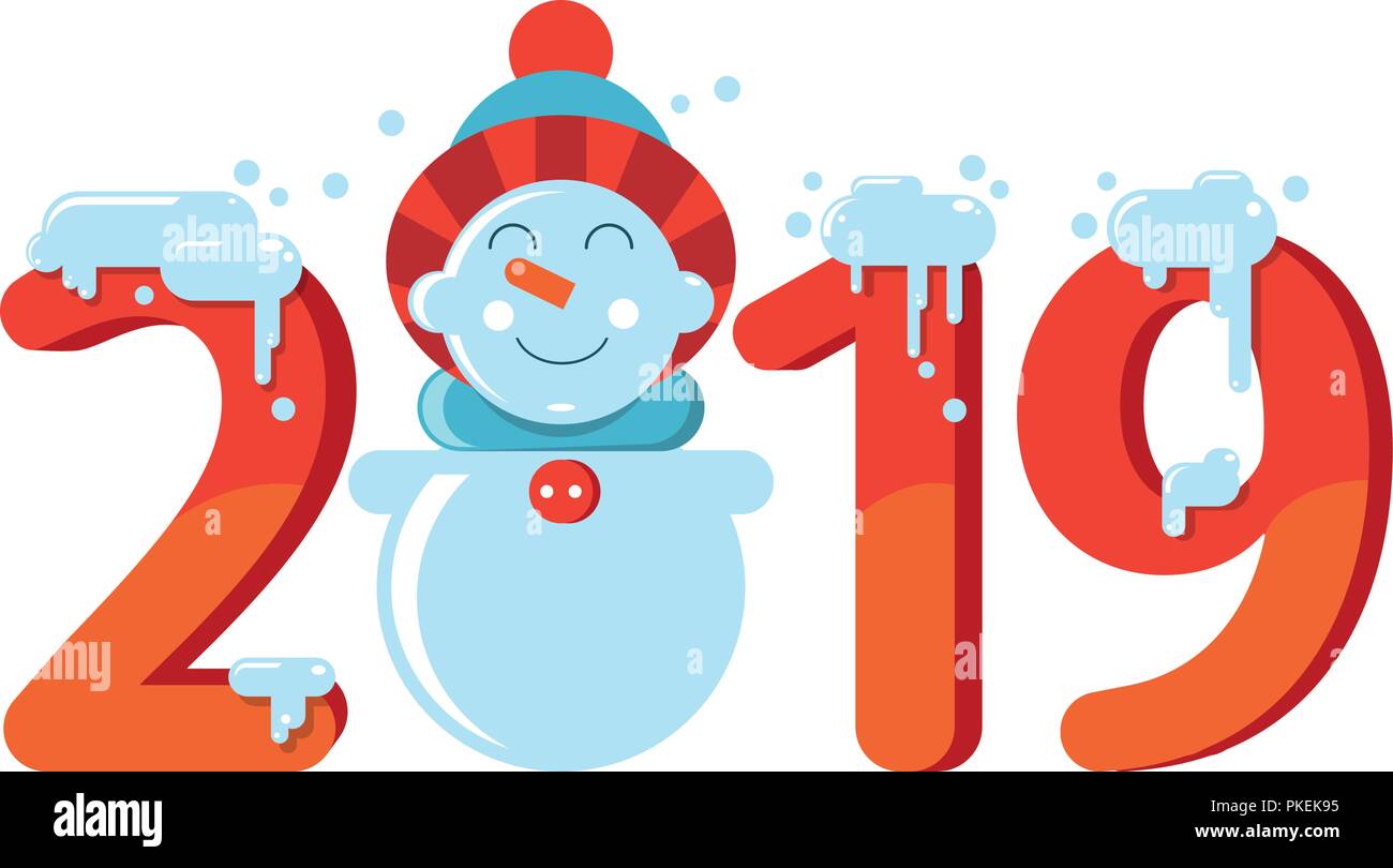 Year 2019 numeric inscription. Figures around a merry snowman. Number of the year in the snow, red numbers. Flat vector illustration Stock Vector