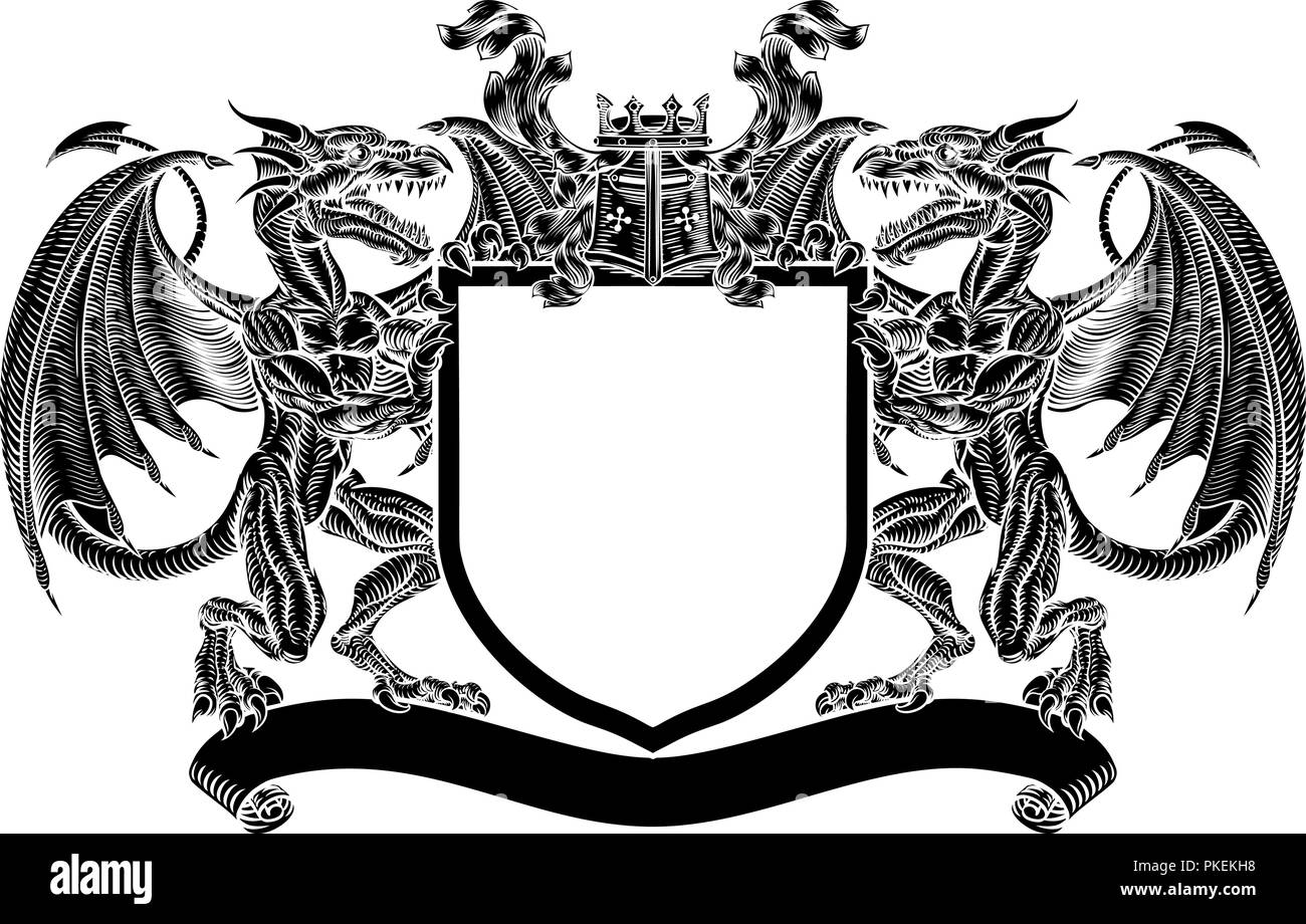 Dragon Emblem Shield Heraldic Crest Coat of Arms  Stock Vector