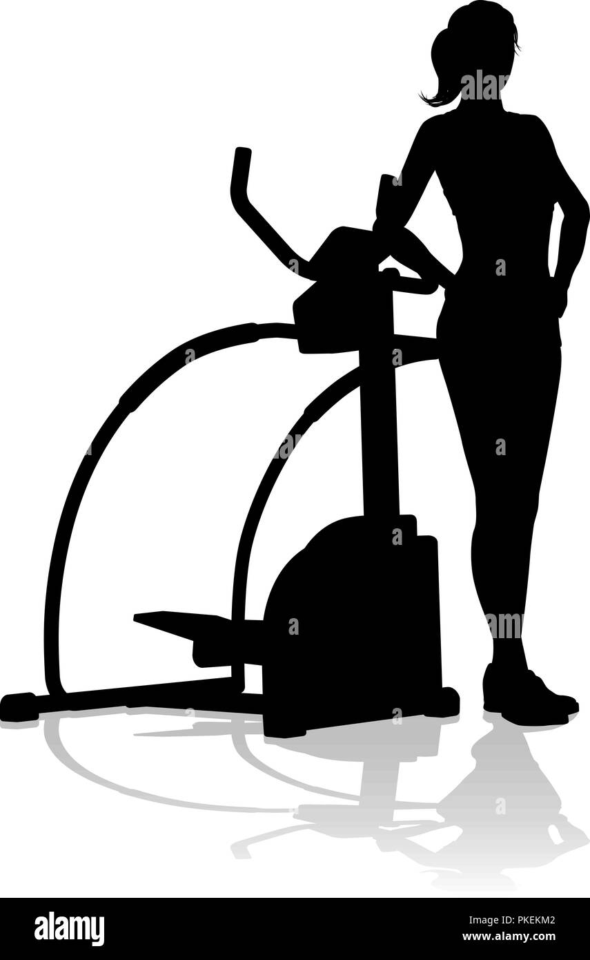 Gym Woman Silhouette Elliptical Cross Fit Machine Stock Vector