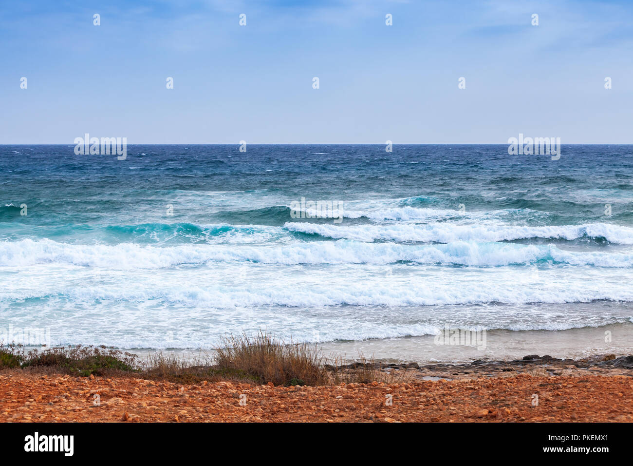 Mediterranean Sea landscape, coastal waves on empty beach. Ayia Napa, Cyprus Stock Photo