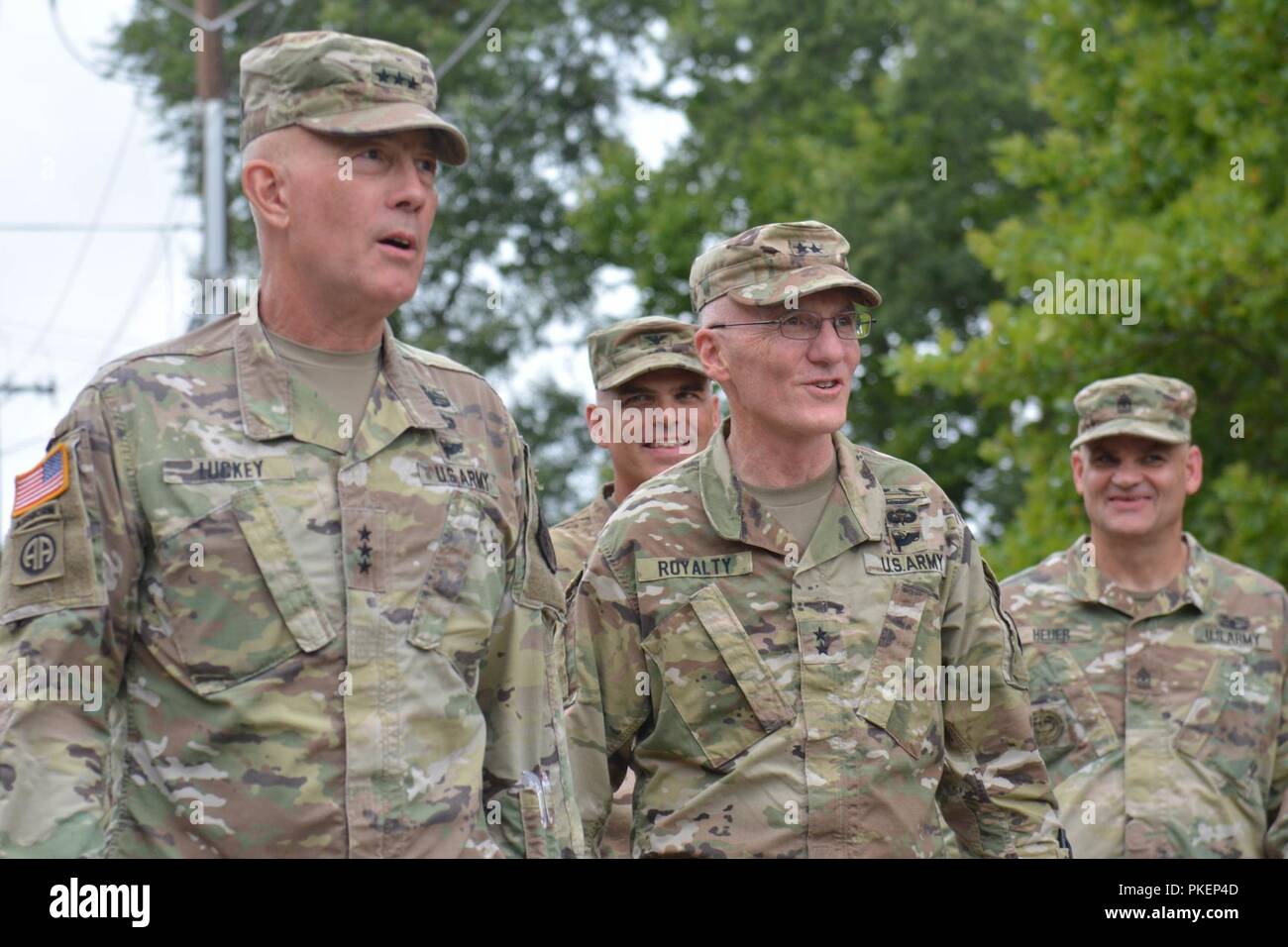 U.S. Army Reserve Maj. Gen. Ray Royalty, commanding general, 84th Training Command, greets LTG Charles D. Luckey, Chief of Army Reserve and Commanding General, U.S. Army Reserve Command, during his visit to Task Force Ultimate, Operation Cold Steel II, hosted by U.S. Army Civil Affairs and Psychological Operations Command (Airborne), July 25, 2018 at Joint Base McGuire-Dix-Lakehurst, N.J. Operation Cold Steel is the U.S. Army Reserve's crew-served weapons qualification and validation exercise to ensure America's Army Reserve units and Soldiers are trained and ready to deploy on short notice as Stock Photo