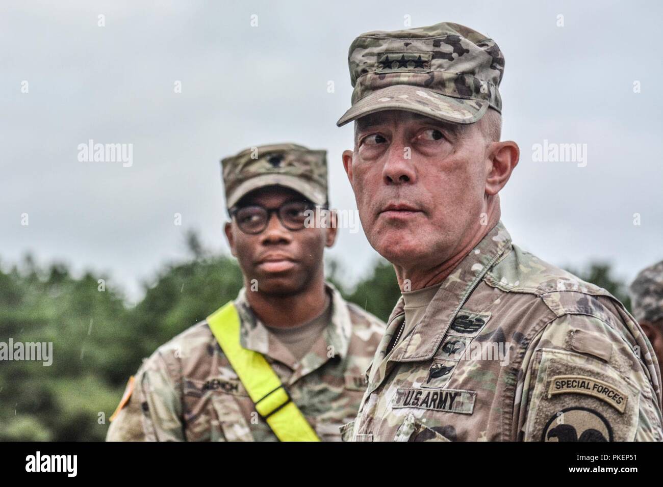 LTG Charles D. Luckey, Chief of Army Reserve and Commanding General, U.S. Army Reserve Command, views range operations during Task Force Ultimate, Operation Cold Steel II, hosted by U.S. Army Civil Affairs and Psychological Operations Command (Airborne), July 25, 2018 at Joint Base McGuire-Dix-Lakehurst, N.J. Operation Cold Steel is the U.S. Army Reserve's crew-served weapons qualification and validation exercise to ensure America's Army Reserve units and Soldiers are trained and ready to deploy on short notice as part of Ready Force X and bring combat-ready and lethal firepower in support of  Stock Photo