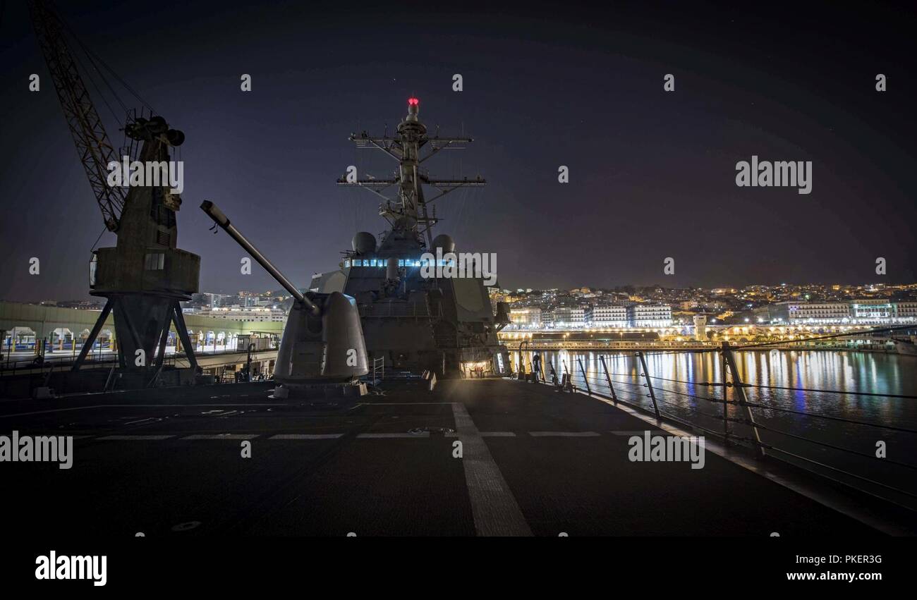 Algeria (July 30, 2018) The Arleigh Burke-class guided-missile destroyer USS Carney (DDG 64) moored in Algiers, Algeria, during a scheduled port visit July 30, 2018. Carney, forward-deployed to Rota, Spain, is on its fifth patrol in the U.S. 6th Fleet area of operations in support of regional allies and partners as well as U.S. national security interests in Europe and Africa. Stock Photo