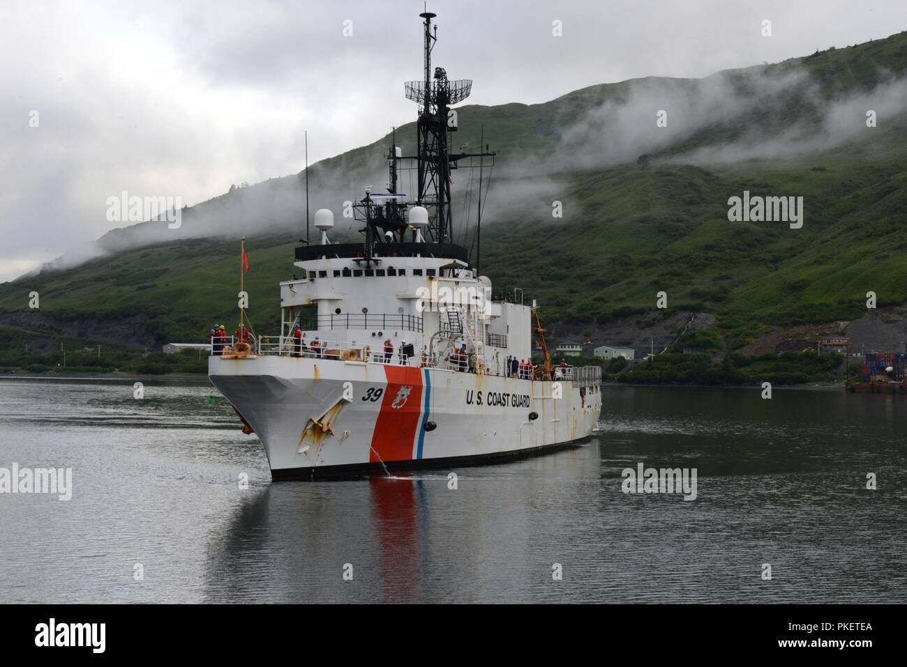The Coast Guard Cutter Alex Haley (WMEC 39) returns to its homeport in Kodiak, Alaska, August 1, 2018. The crew members completed a 90-day deployment, patrolling more than 16,000 miles throughout the Pacific Ocean. U.S. Coast Guard Stock Photo