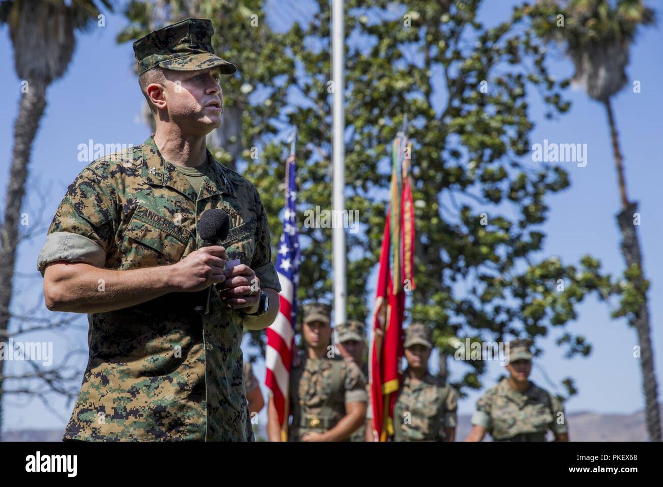 U.S. Marine Corps Col. Richard T. Anderson, incoming commanding officer, Marine Corps Air Station Camp Pendleton (MCAS), gives a speech during the MCAS Camp Pendleton change of command ceremony at the Santa Margarita Ranch House, Marine Corps Base Camp Pendleton, California, August 2, 2018. Anderson was commissioned as a second lieutenant in the Marine Corps in 1993. During his career, he led and trained many Marines, and was made a CH-53E Weapons and Tactics Instructor in October of 2001. Stock Photo