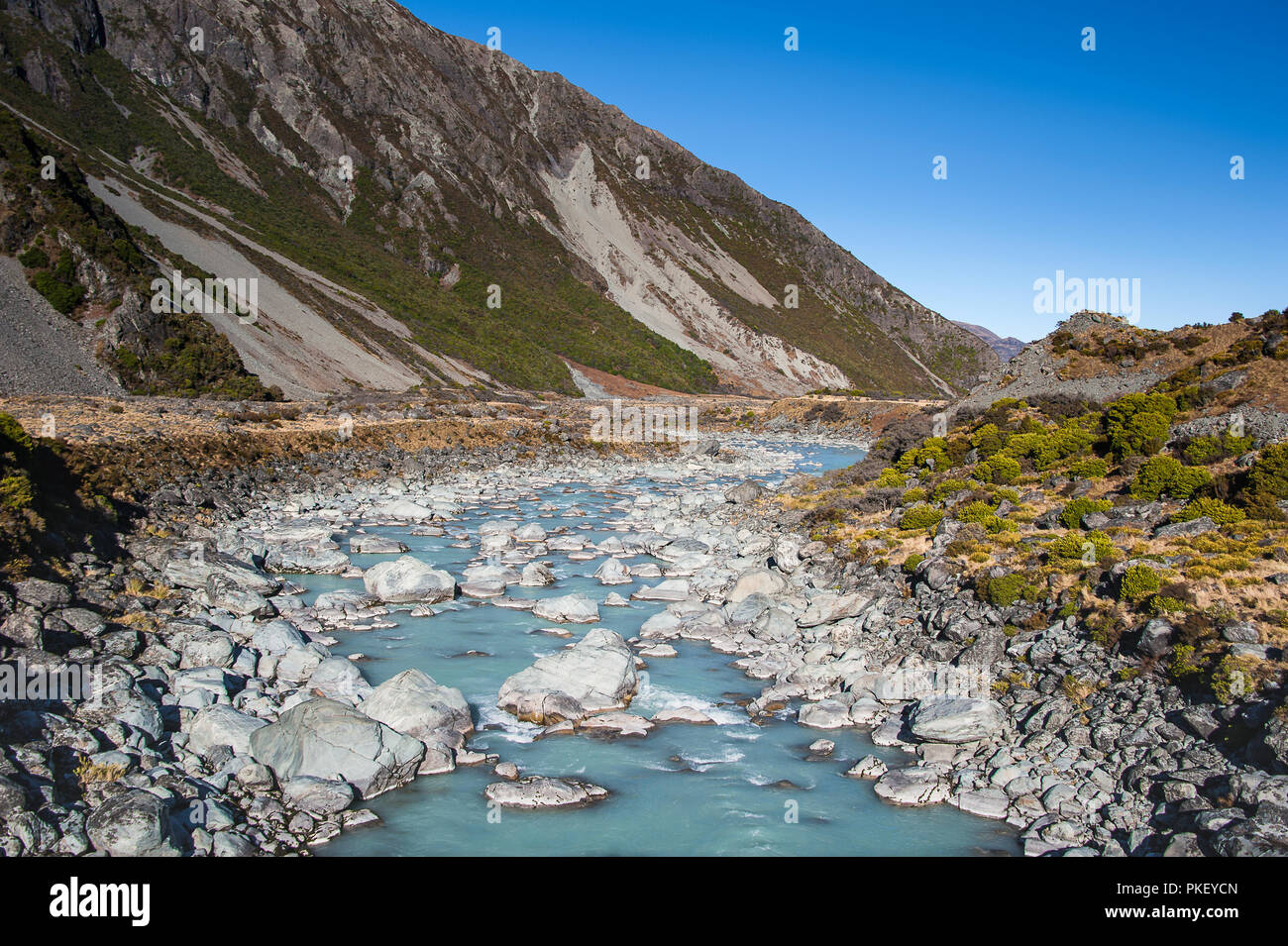 Glacial stream in the Hooker Valley, Aoraki Mount Cook National Park. Aqua river runs through rocky landscape, scree slopes and blue sky background Stock Photo