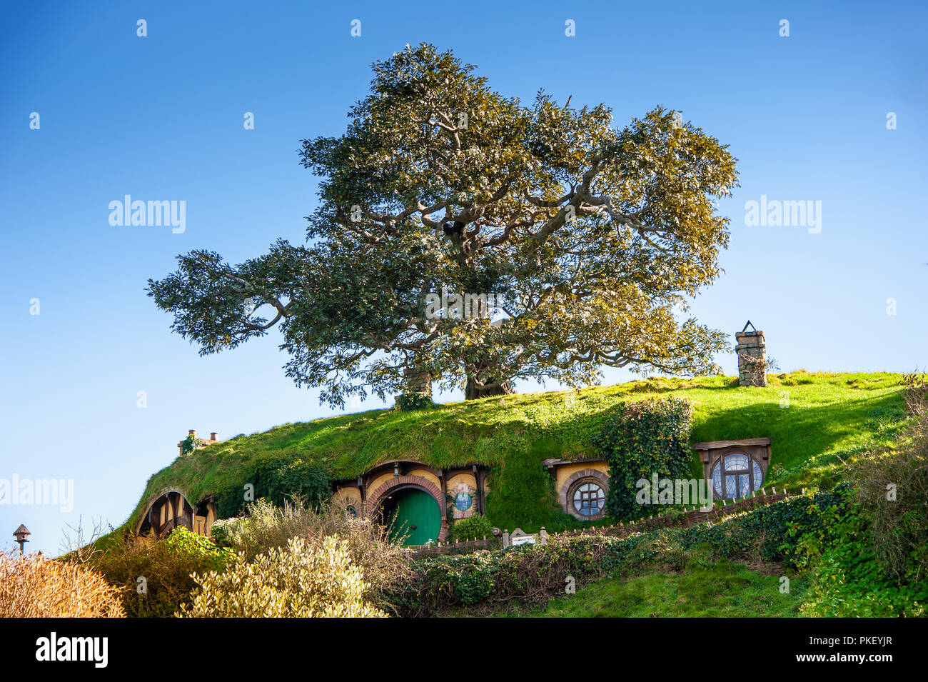 Hobbiton movie set created to film Lord of the Rings and The Hobbit. Stock Photo