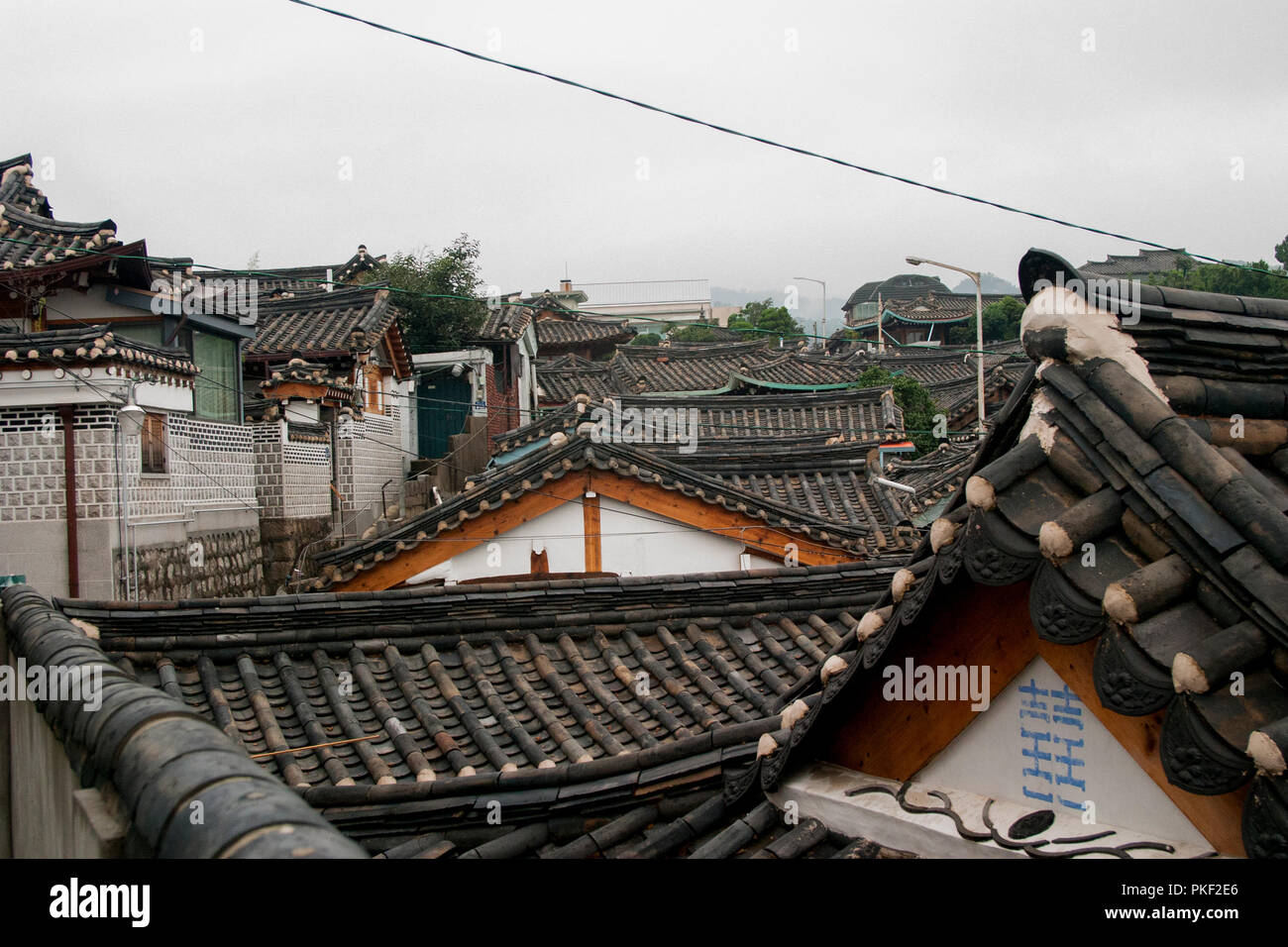 Roof tops of traditional South Korean Hanok homes. Stock Photo