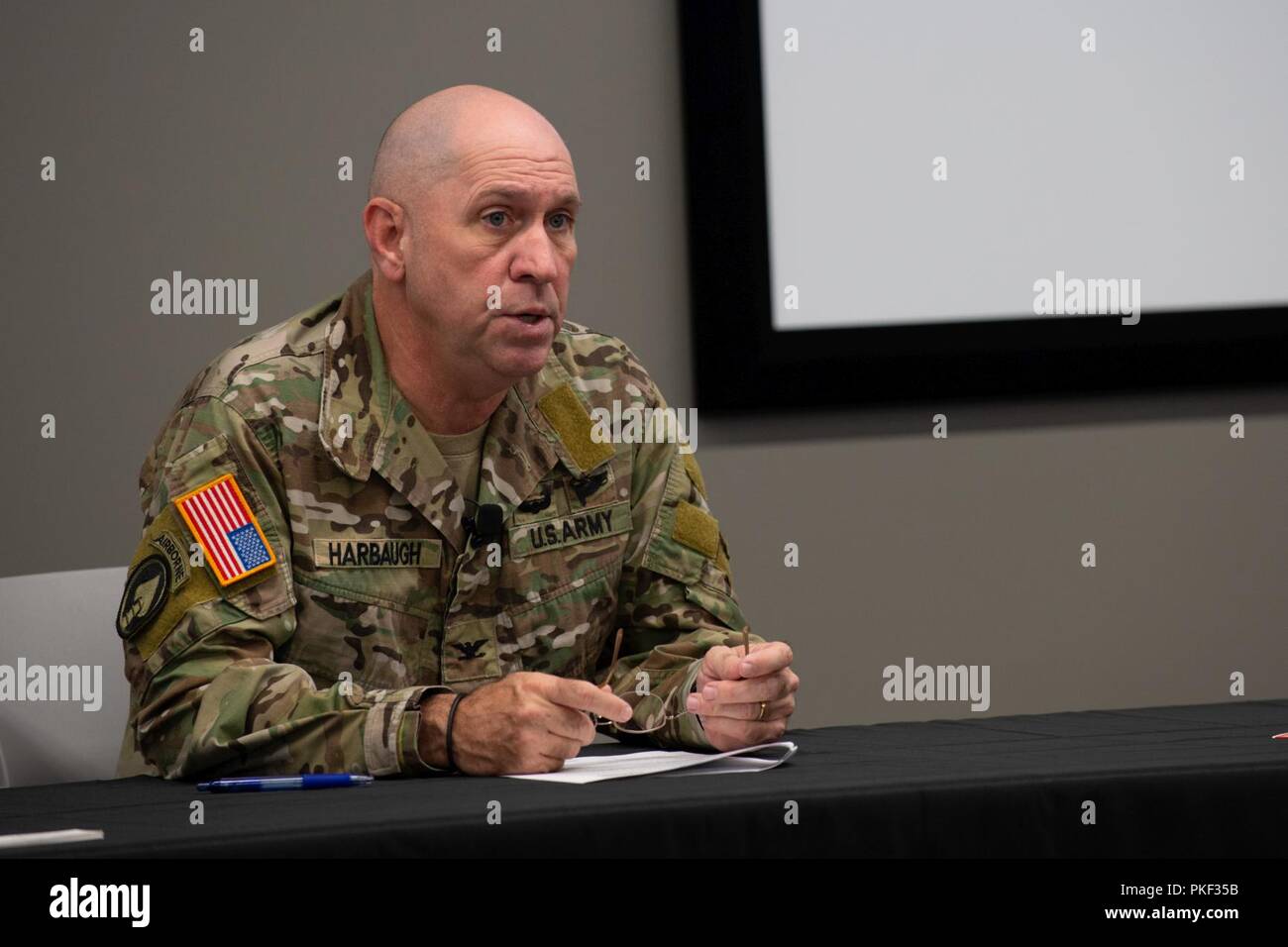 Army Col. Cary Harbaugh, U.S. Special Operations Command Warrior Games 2019 director, briefs local media on the 2019 DoD Warrior Games in Tampa, Fla., Aug. 6, 2018. The games, scheduled from June 21-30, introduce wounded, ill and injured service members and veterans to paralympic-style sports. More than 300 athletes will compete in 14 events located in downtown Tampa and surrounding areas. ( Stock Photo