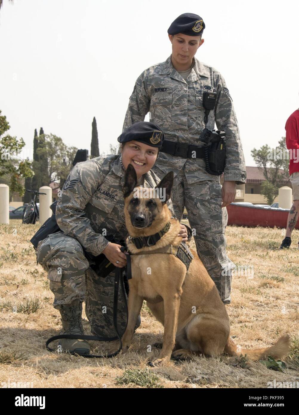 U.S. Air Force Staff Sgt. Miranda Kalander, SSgt Deveraux Burney and military working dog BBravo, all from the 60th Security Forces pause for a photo while attending the Rock the Block Festival at Travis Air Force Base, Calif., August 3, 2018. Patrons were treated to a variety of activities to include Mobility from the U.S. Band of the Golden West, carnival rides, games, kid’s fun zone, free food, and food trucks. Stock Photo
