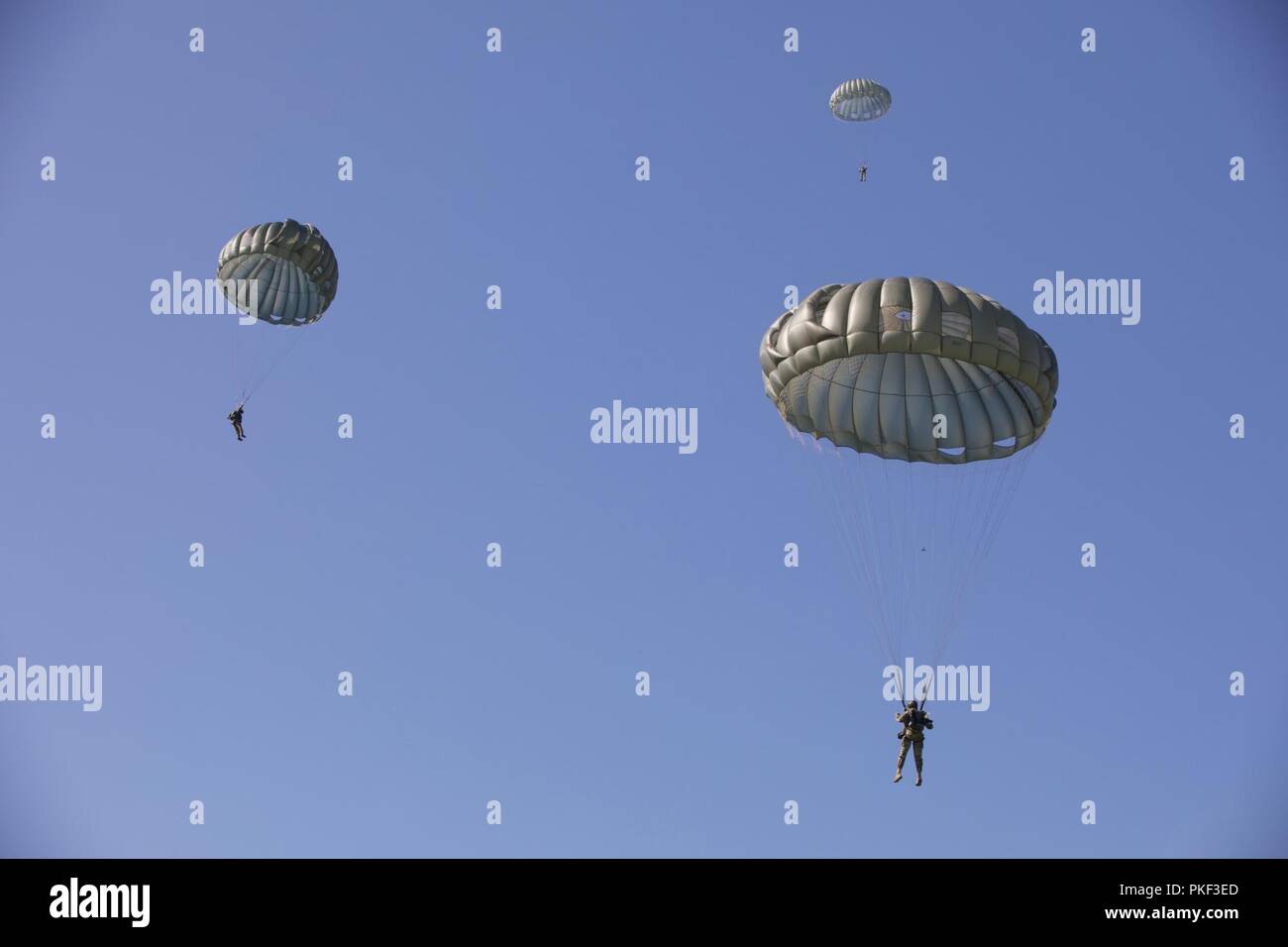 A group of Italian Paratroopers descend using their MC-6 parachutes ...