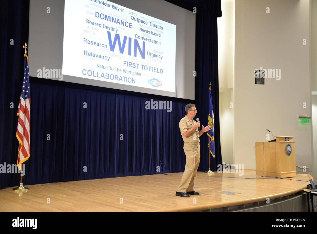 Chief of Naval Research Rear Adm. David Hahn speaks to representatives of the Naval Research and Development Establishment at a collaboration forum on July 31, 2018, at Naval Surface Warfare Center, Carderock Division in West Bethesda, Md. Stock Photo