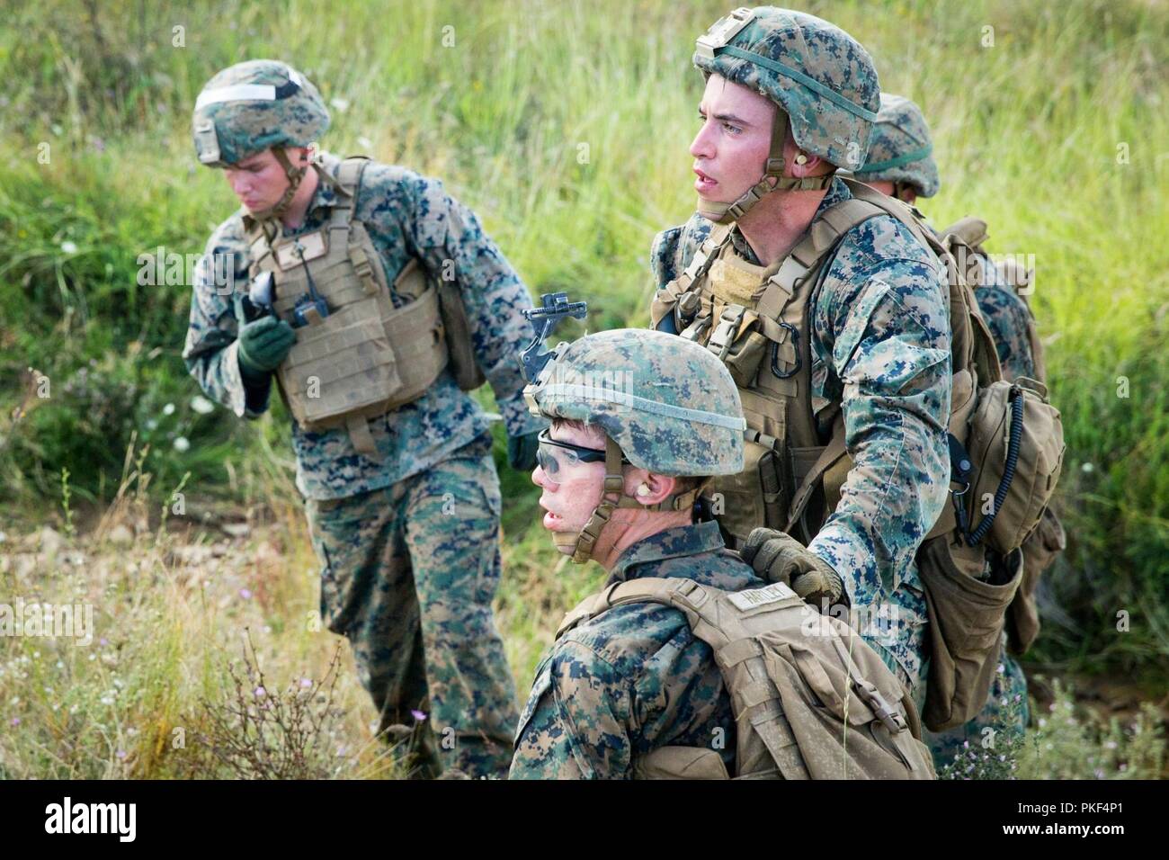 U.S. Marines with Black Sea Rotational Force (BSRF) 18.1 prepare to cross a road (APOBS) during Exercise Platinum Lion 18 at Novo Selo Training Area, Bulgaria, July 31, 2018. Platinum Lion is an annual field training exercise that reinforces relationships in a joint training environment, builds understanding of partner nation tactics, techniques and procedures, and increases interoperability with Allied and partner forces. Stock Photo